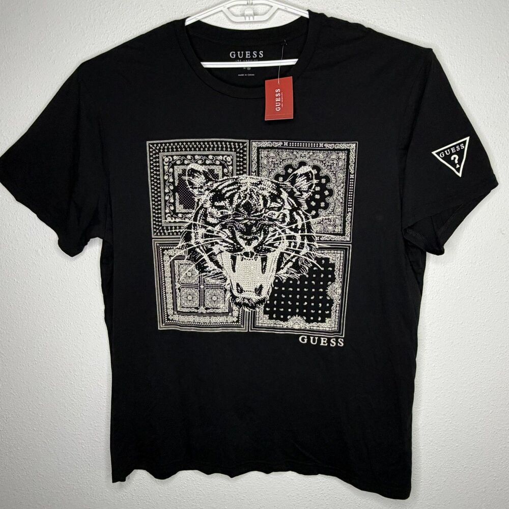 NWT Guess Rhinestone Tiger Paisley T Shirt Unisex 3XL Black Graphic Tee Cotton